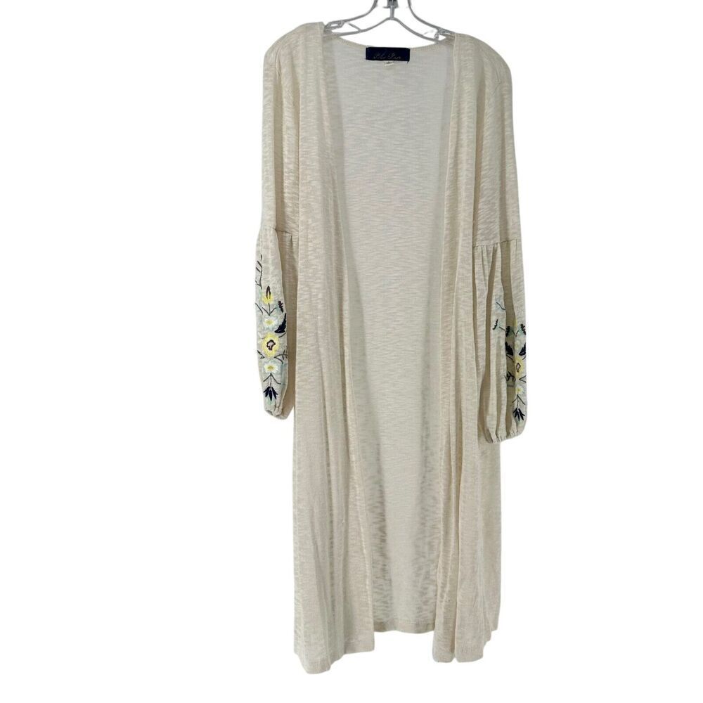 Duster Cardigan Sweater Size S Blue Rain Cream Balloon Sleeve Floral Embroidered